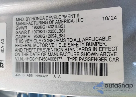 2025 Honda Accord Se from USA, damaged, VIN 1HGCY1F45SA008177